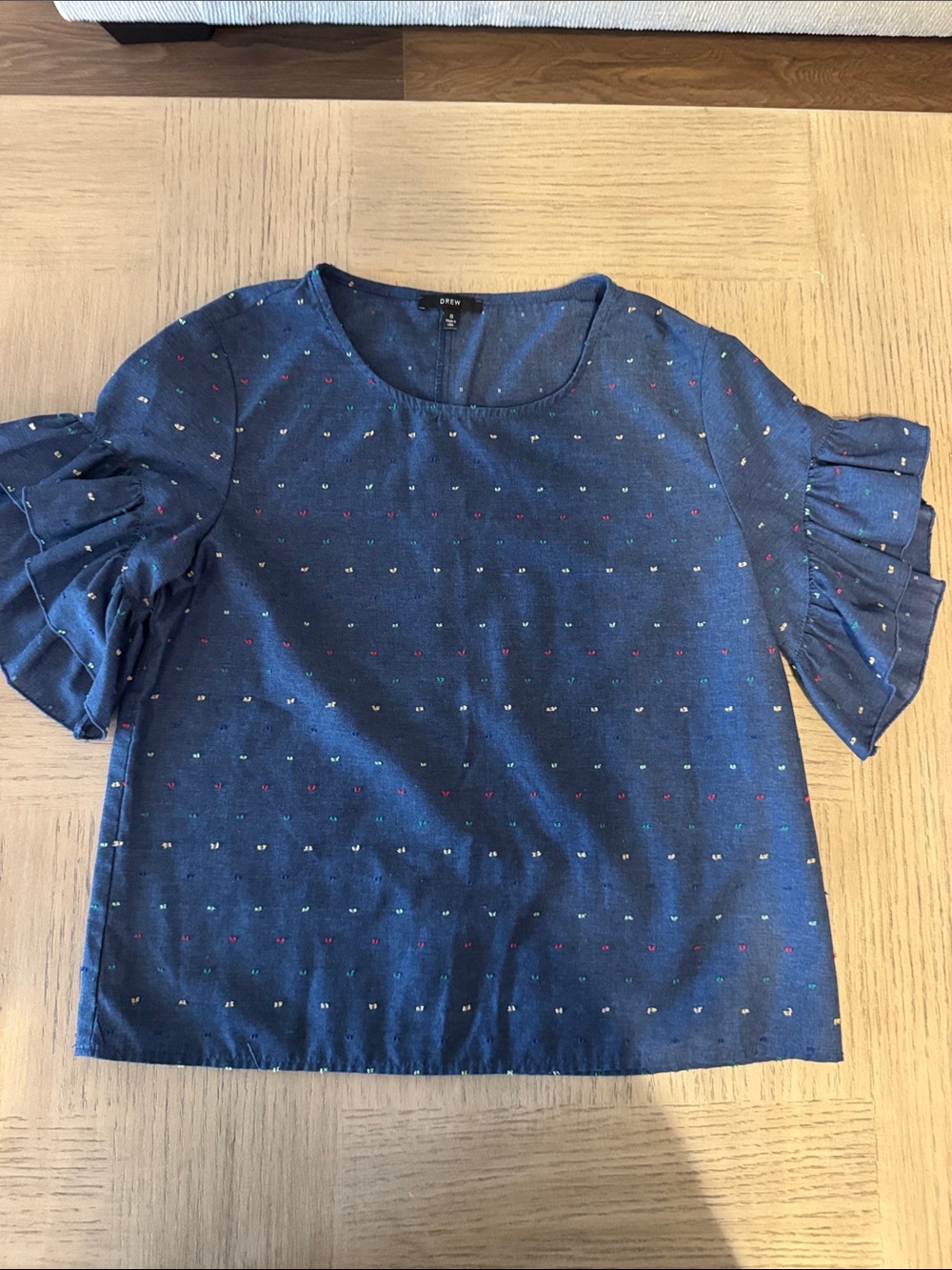 DREW Navy Chambray Ruffle Sleeve Top with Multicolor Dot Detail NWOT